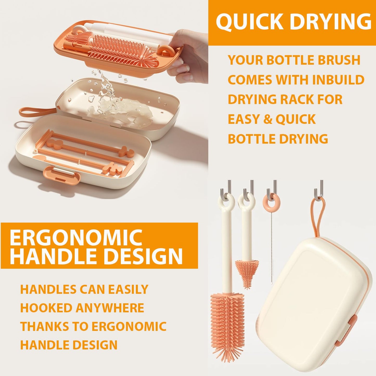 Travel Bottle Cleaner kit, 7in1 Baby Toddler Travel Essential Silicone Bottle Brush Set, Nipple, Drying Rack, Straw, & Breast Pump Cleaning, Soap Dispenser & Organizer Case, Gift for Mom (White)