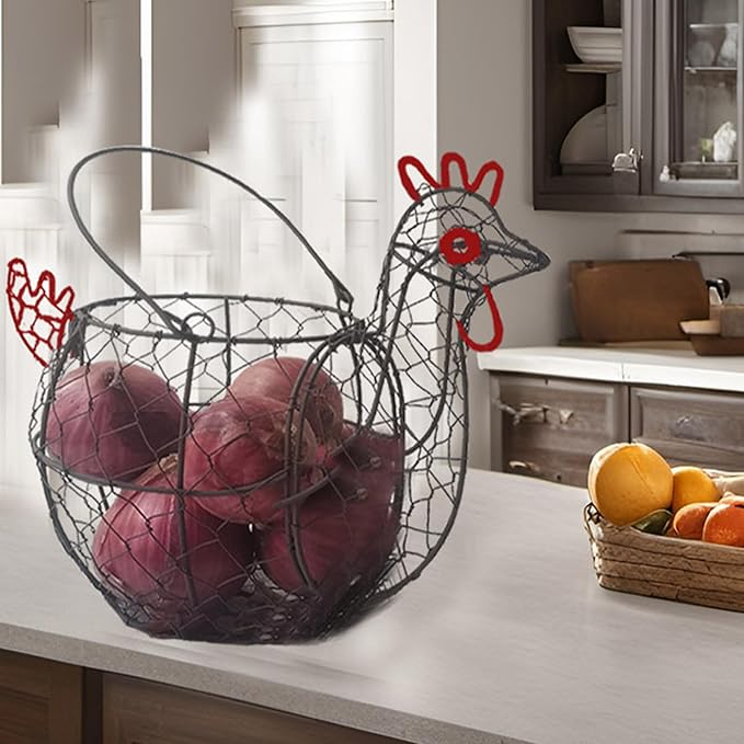 TAIANLE. Chicken Wire Egg Basket for Gathering Fresh Eggs Collecting Basket with Handle, Vintage Rooster Chicken Shaped Fruit Bowl for Home Farm Decor Organizer for Kitchen Countertop