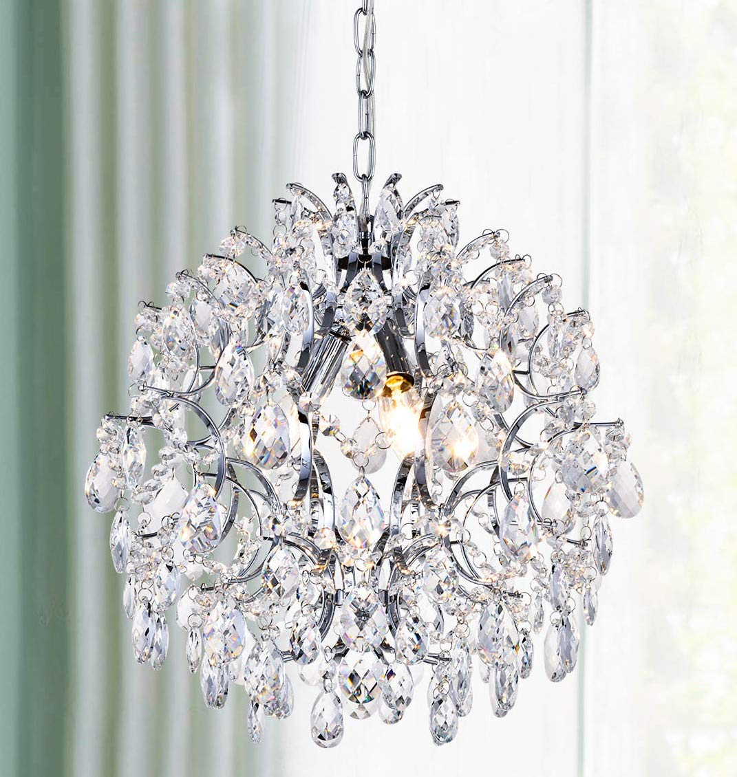 Bestier Modern Pendant Chandelier, Crystal Raindrop Design, 16 D X 18 H, Chrome Finish, 3 E12 Bulbs Required, Ideal For Dining Room, Bedroom,