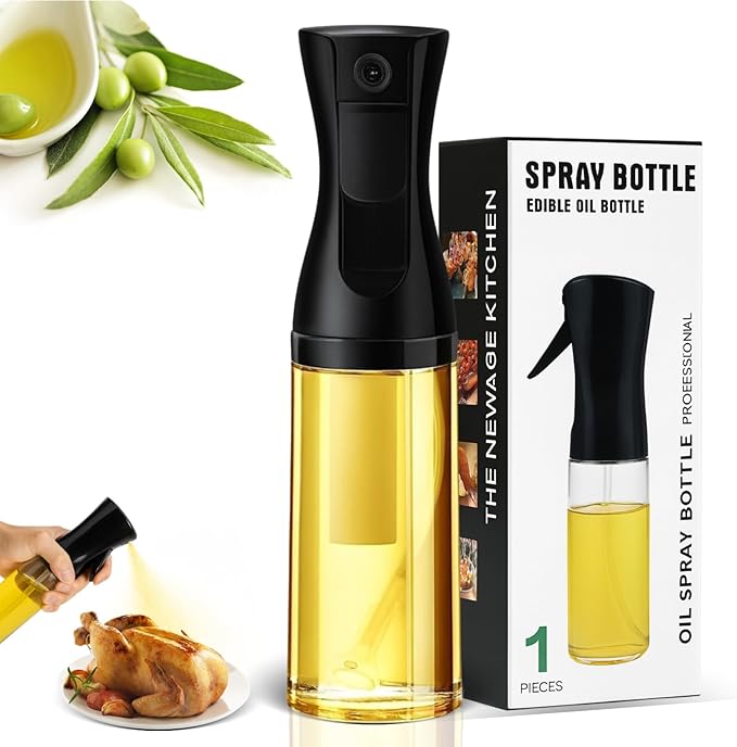 BOKKY Olive Oil Sprayer for Cooking, 220ml Glass Olive Oil Spray Bottle with Continuous Fine Mist, Food Grade Oil Sprayer for Air Fryer, Salad, BBQ, Baking, Frying (Black / 1 Pack)