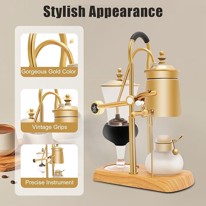 Vintage Siphon Coffee Maker, 13.53 OZ Capacity Coffee Machine with Handle, Luxury Gold Coffee Pot with Base for Kitchens Coffee Shops Commercial and Domestic Use