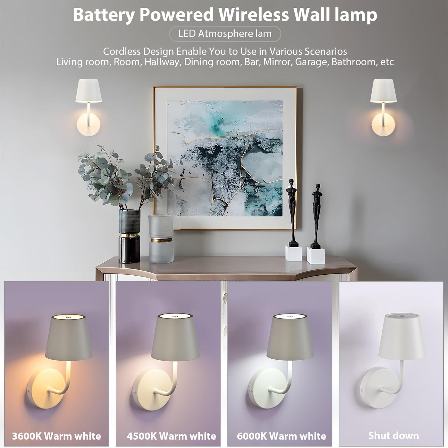 IMQSQIK LED Wall Lamp Set of 2, Rechargeable 5600mAh, Touch Control, White, Model RQ-14-2Pack