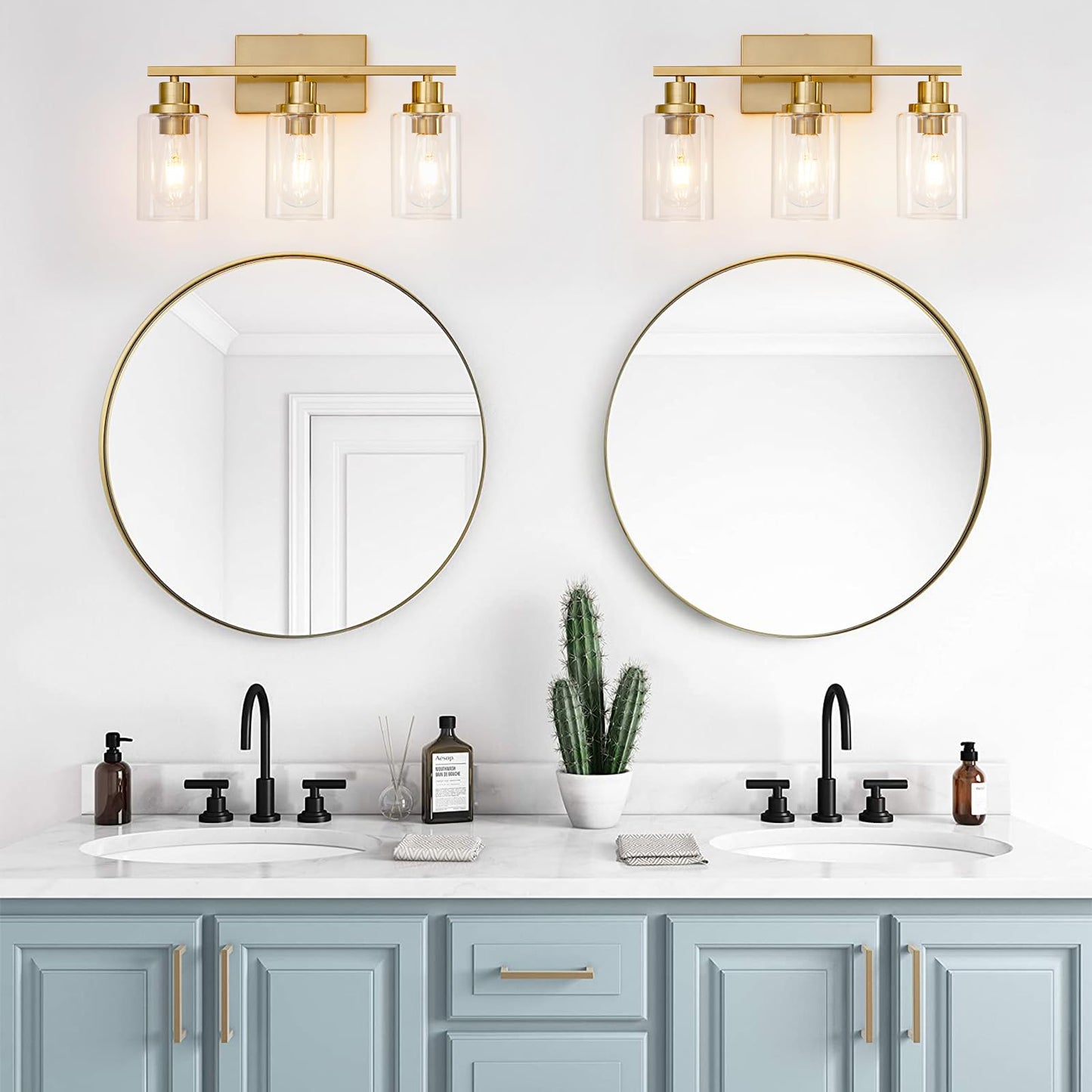 Hccz 3-Light Bathroom Vanity Light Fixture, Brushed Brass, Glass Shade, Model 800-100-1077, Modern Farmhouse Wall Sconce For Home