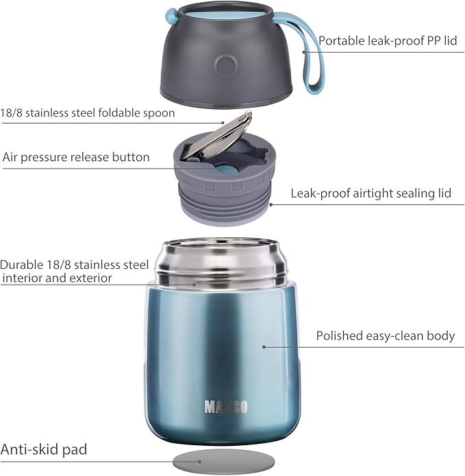 Itslife Insulated Thermo Food Jar for Hot & Cold Food for Kids Adult, 17 oz Soup Thermal Hot Food Containers for Lunch, Triple Layer Insulation Stainless Steel Food Jar with Spoon (Lightblue)