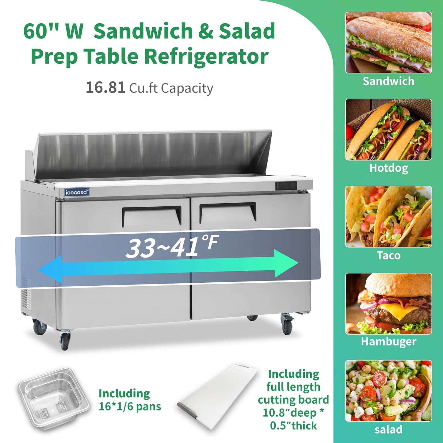 ICECASA 60" W Commercial Refrigerator Sandwich&Salad Prep Table single Door Stainless Steel Counter Fan Cooling Refrigerator with 16 pans-60 Inches for Restaurant, Bar, Shop, etc