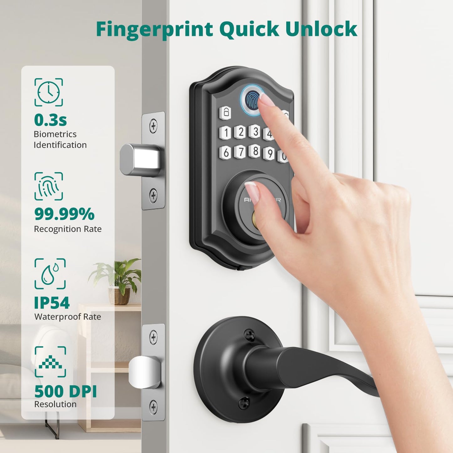 AkaGear DS10 Pro Keyless Entry Door Lock with Handle - 2 Lever Handles, Bluetooth APP Control, Fingerprint Door Locks, Electronic Keypad Deadbolt Lock, Smart Doors Lock, Auto-Lock, Matte Black