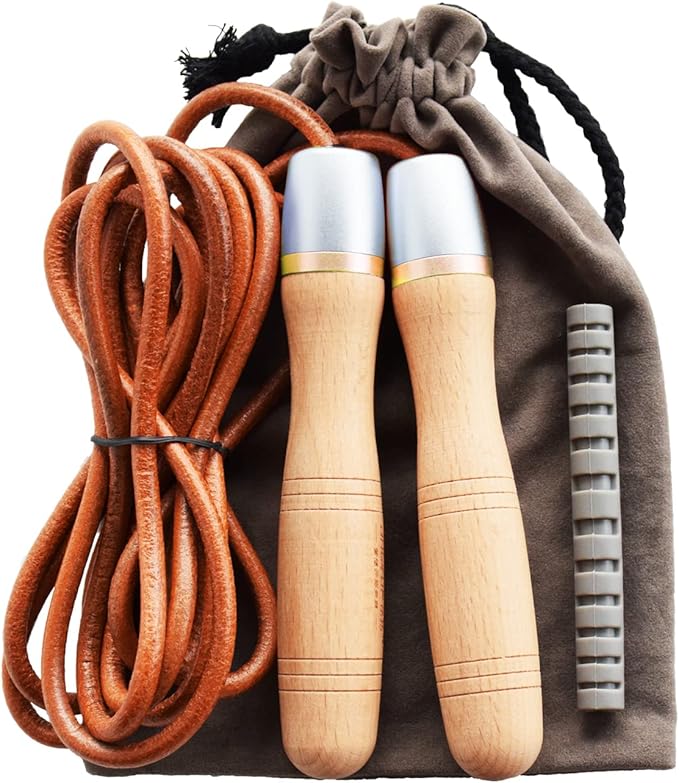 Ahomie Leather Jump Rope, Adjustable Skipping Jumping Ropes, with Rotary Bearing and Pure Wood Handles, for Gym & Home Fit...