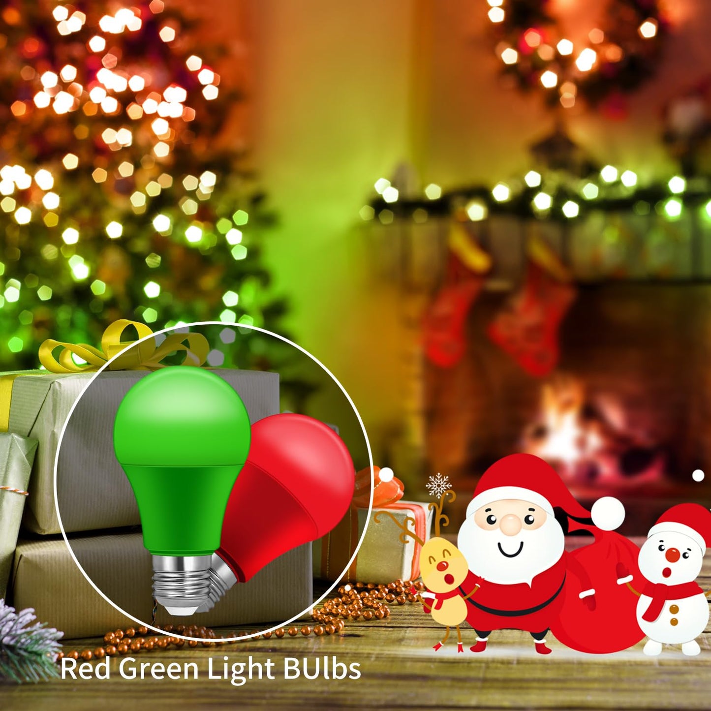 Roche Jaune A19 LED Light Bulbs, 4 Pack, 9W E26, Red and Green, 60W Equivalent, Plastic, Christmas Outdoor Lighting
