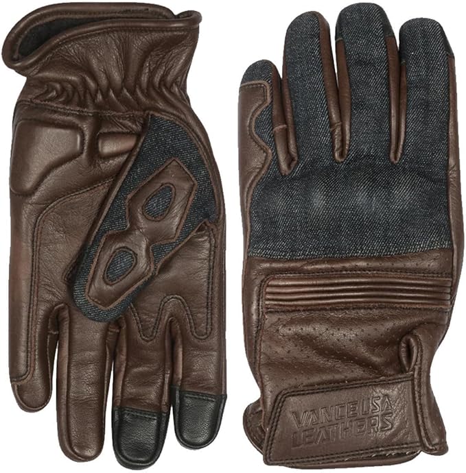 Vance Leather USA Denim & Leather Motorcycle Gloves with Touchscreen Compatibility, Breathable Riding Gloves