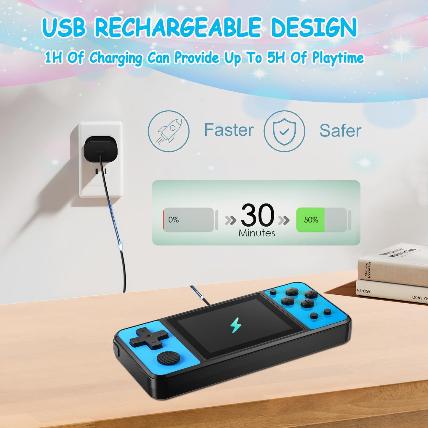 TEBIYOU 32 Bit Handheld Games for Kids Built-in 139 Video Games, 3.0" IPS Screen Rechargeable Travel Toys for Ages 4-13, Mini Electronic Gaming Player Xmas Birthday Gifts for Boys Girls (Blue)