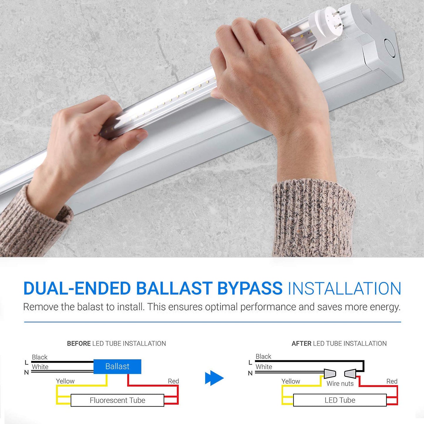 Hminled T8 Led Light Tube 4 Ft 22W 6000K 85-265V Double-Ended Bypass Ballast Clear Cover G13 Lighting  10-Pack