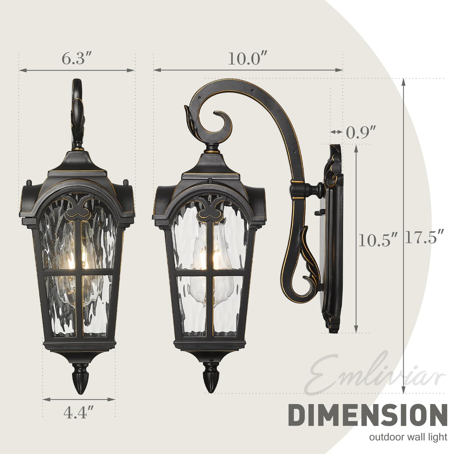 Emliviar Vintage Outdoor Lighting Fixture Wall Sconces With Water Ripple Glass  17.5 Front Porch Wall Lantern  Black Finish With Gold Edges  We215B-Sw Bg
