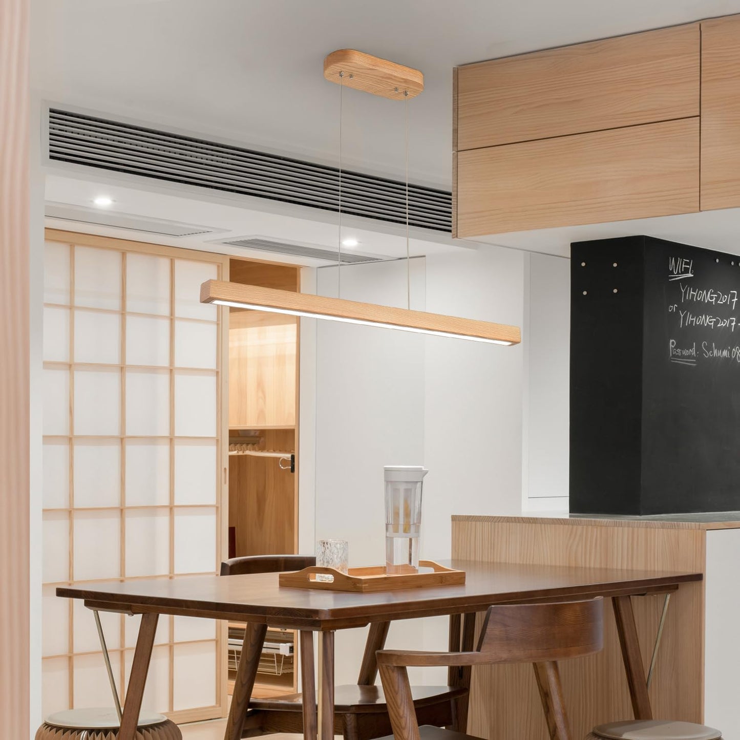 YISDESIGN 39in Wood Linear Pendant Light LED Dimmable Chandelier with Remote Control Natural Finish Model 2024-03
