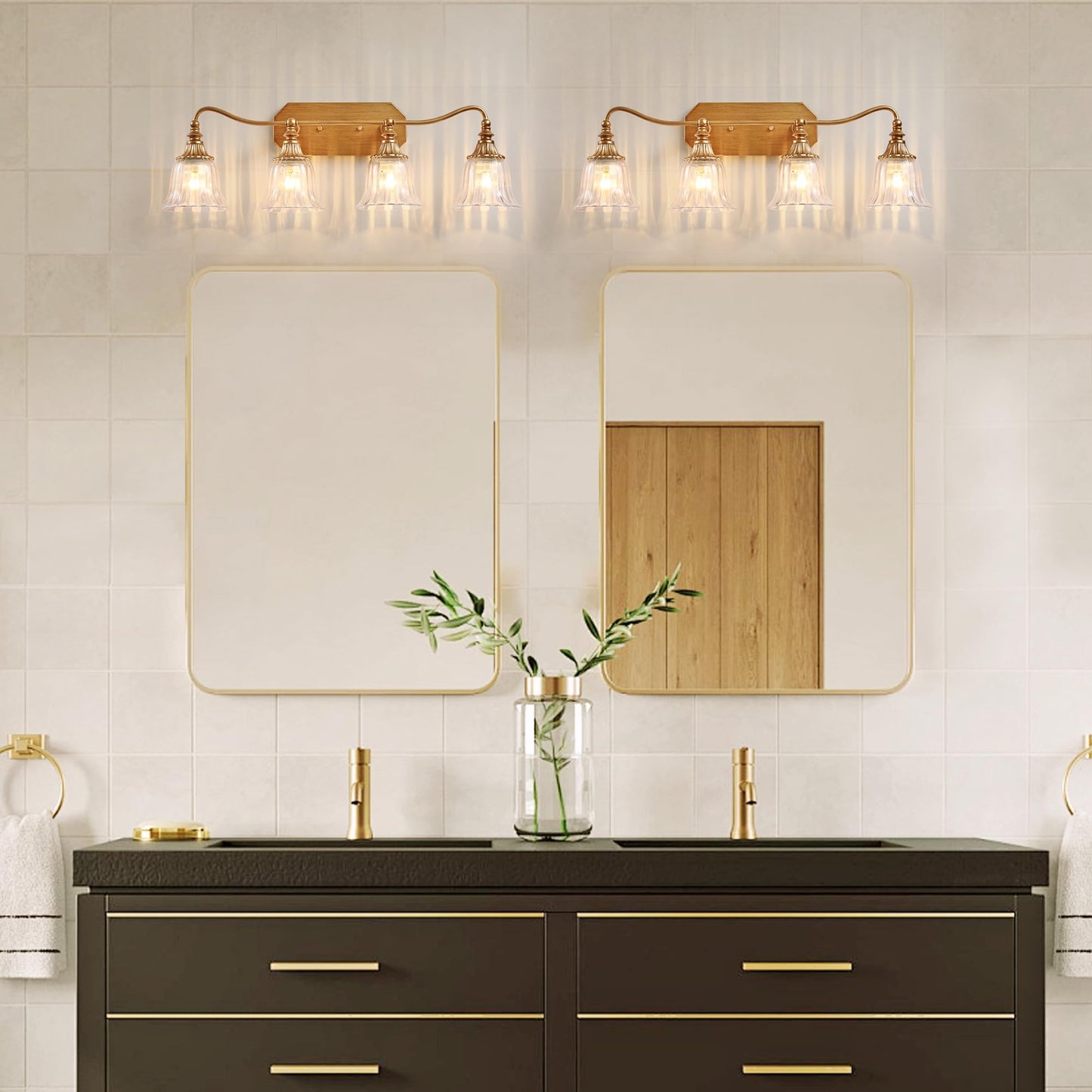Lmnlvn Bathroom Vanity Gold Light Fixture  4 Lights Bathroom Lighting Matte Antique Brass Finish With Crystal Glass Shade  Gold Vintage Vanity Light For Bathrooms