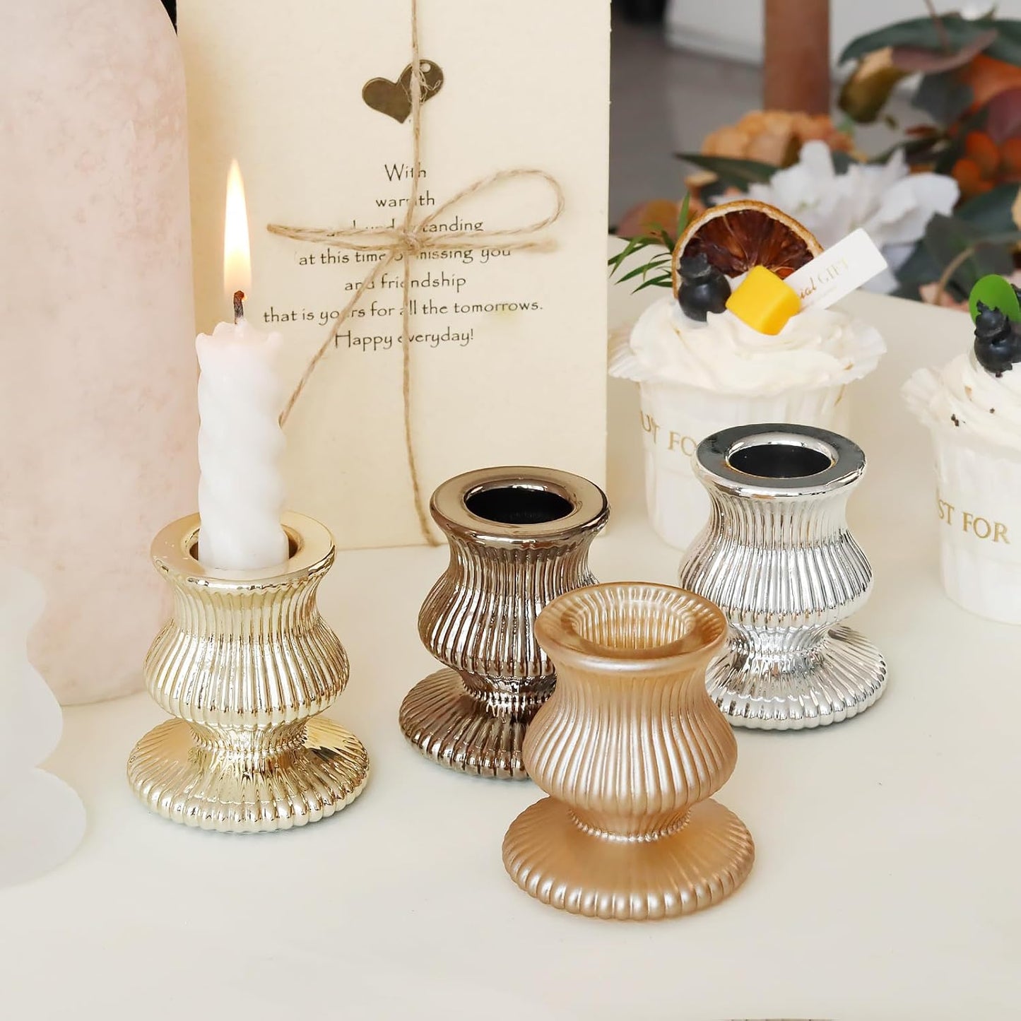 WDHODEC Black Gold Candlestick Holders 12PCS Glass Taper Candle Holders for Table Centerpiece Colorful Candle Sticks for Modern Wedding, Party and Festival Decoration