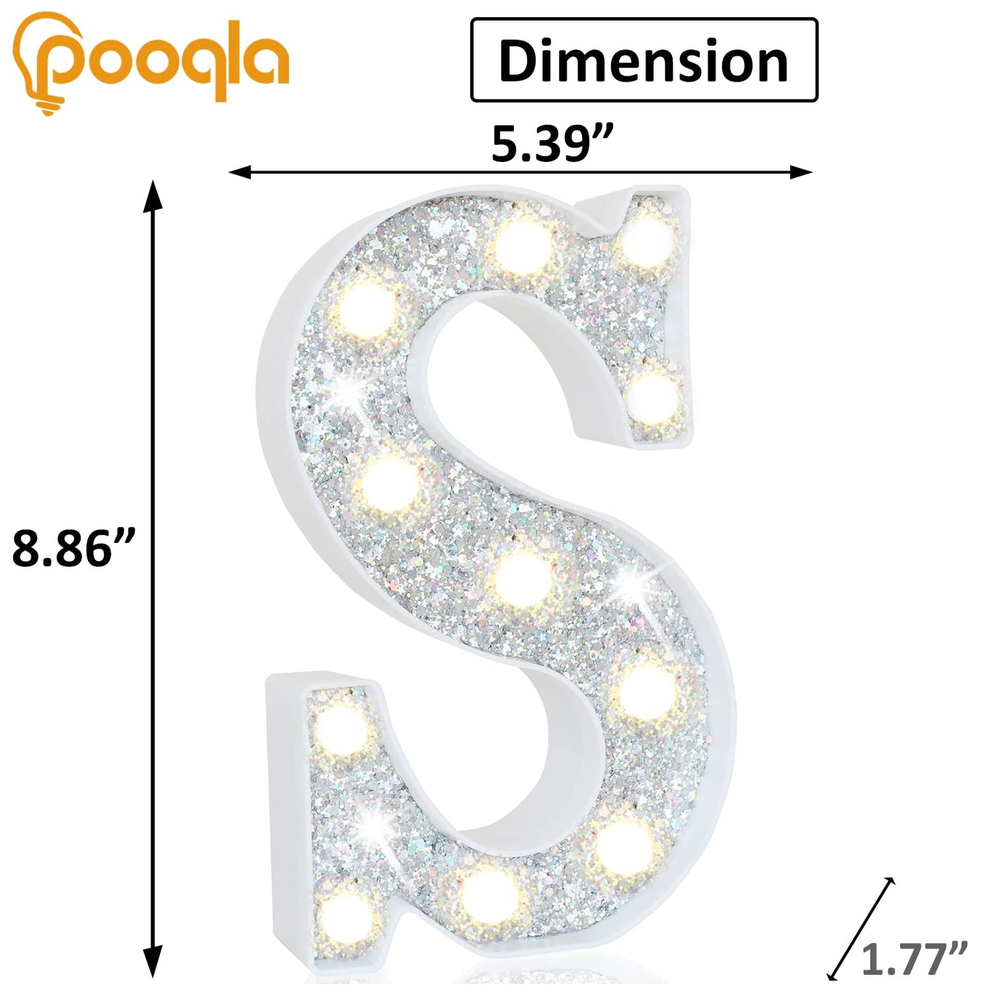 Pooqla LED Marquee Letter Lights, Battery Powered Silver Glitter Sign, Sequin Silver, Perfect for Parties and Decorations
