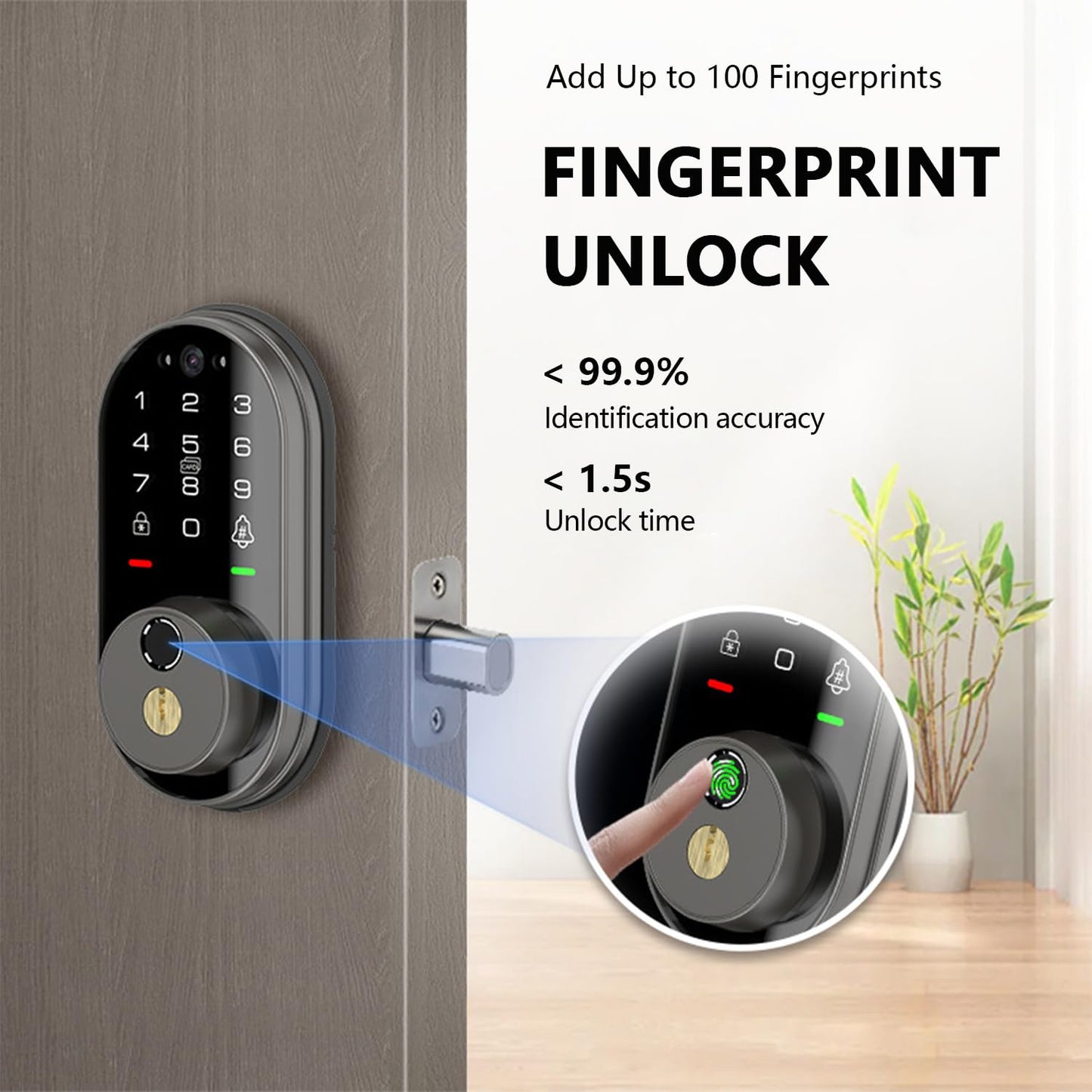 Jacchozhi Fingerprint Smart Lock with Camera, Keyless Entry Door Lock for Front Door, Video Smart Deadbolt with Doorbell, Built-in 2.4GHz WiFi,2-Way Audio, APP Control,IP54 Waterproof, 8 AA Batteries
