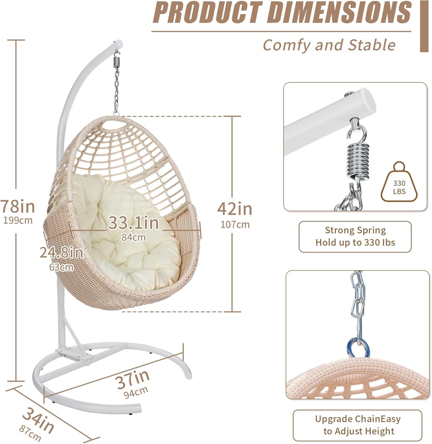 TWT Egg Swing Chair with Stand Rattan Wicker Hanging Egg Chair for Indoor Outdoor Bedroom Backyard Hammock Egg Chair with Metal Frame and UV Resistant Cushion 330lbs Capacity-Pink