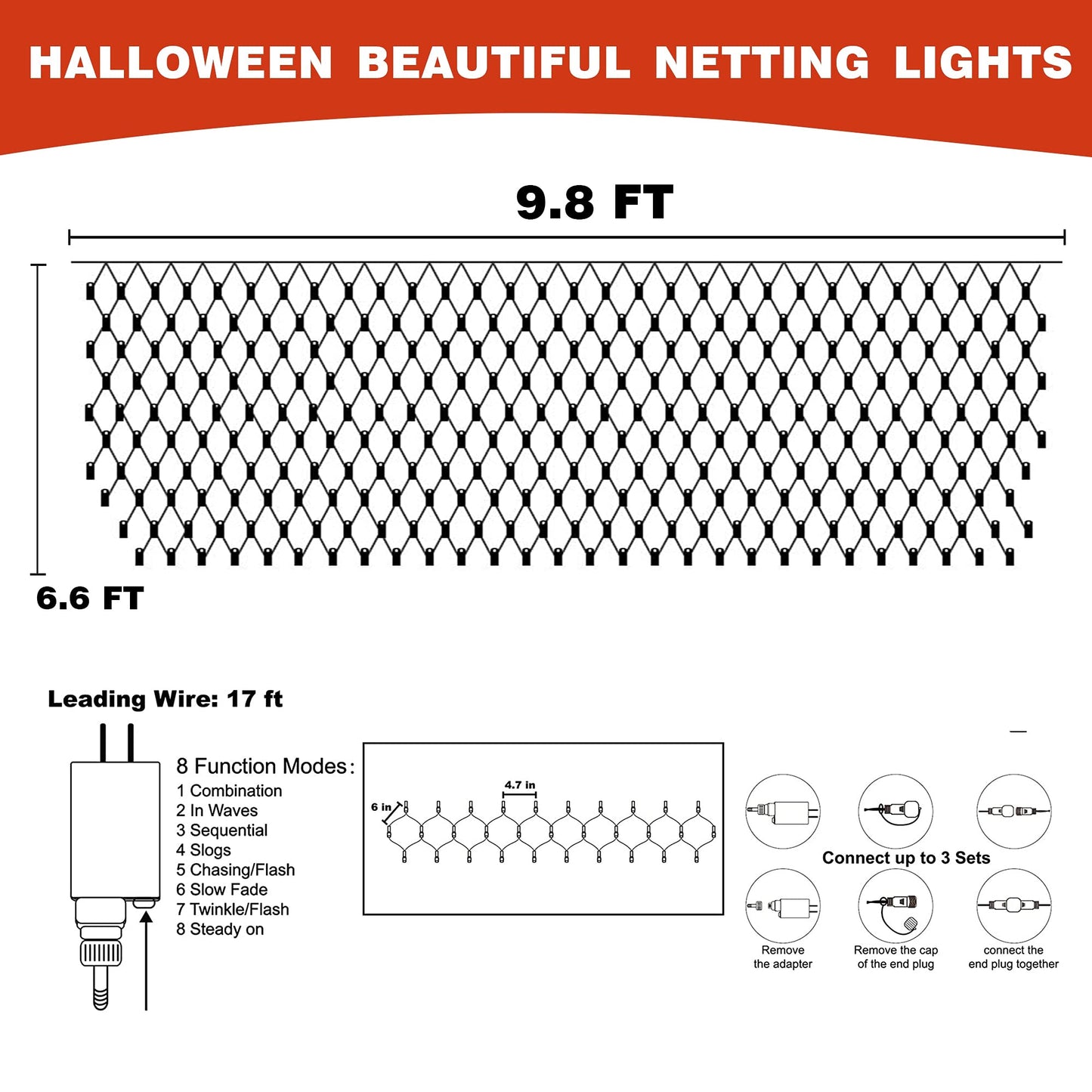 FUNPENY Halloween LED Net Lights, 200 Lights, 9.8ft x 6.6ft, 8 Modes, Waterproof, Orange & Purple