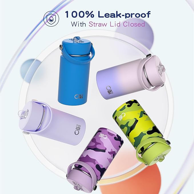 OISIZ Kids Water Bottle with Straw Lid 14oz, Vacuum Insulated 316 Stainless Steel Water Bottles for Kids for School, Leakproof Water Bottle, BPA Free and Keep Cold for 24 Hours,Ocean