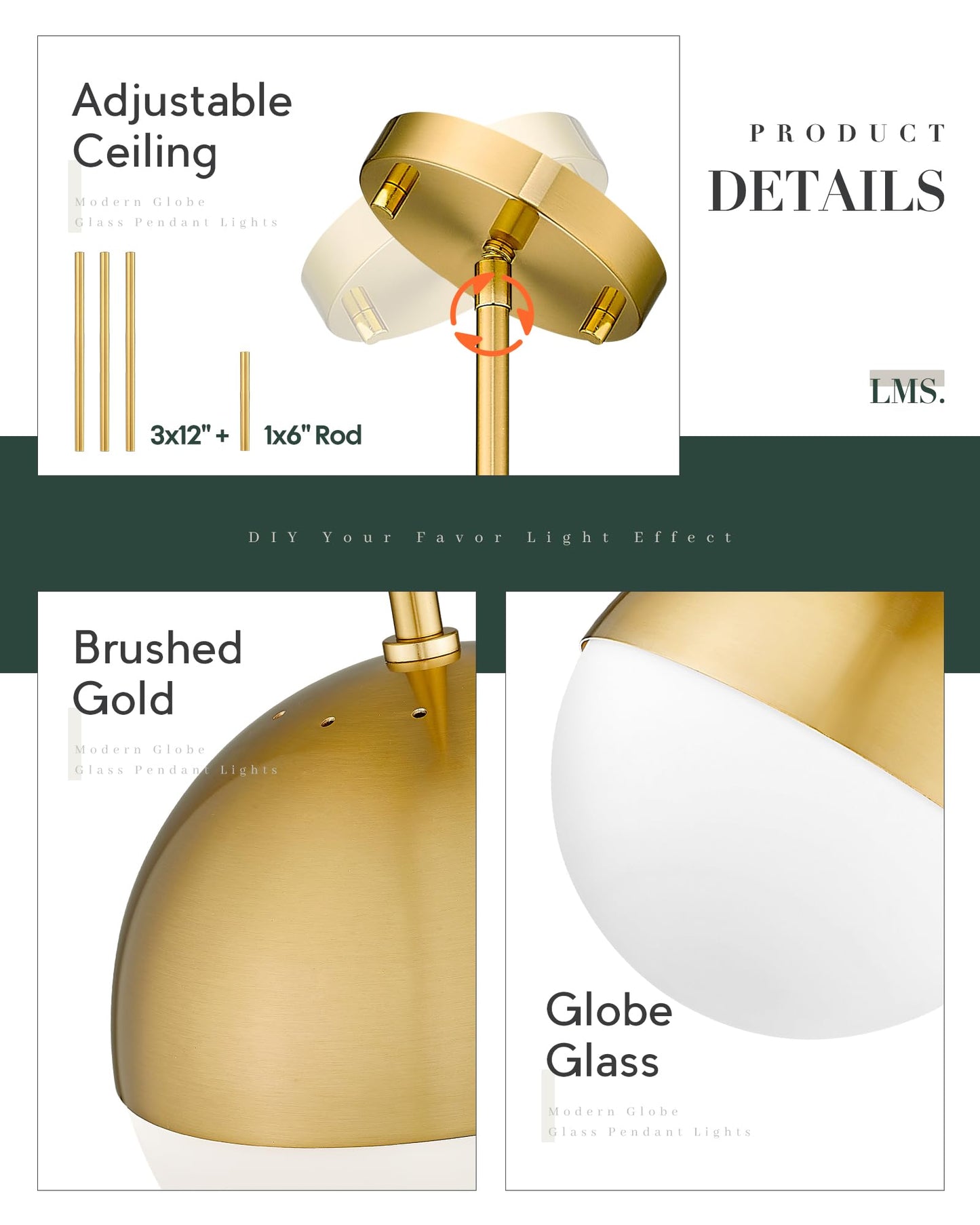 Lms 2-Pack Brushed Gold Pendant Lights  Modern Pendant Light With Milky Globe Glass Shade  Adjustable Hanging Lighting Rod For Kitchen Island Dining Room Bedroom  Lms-186Bg2Pk