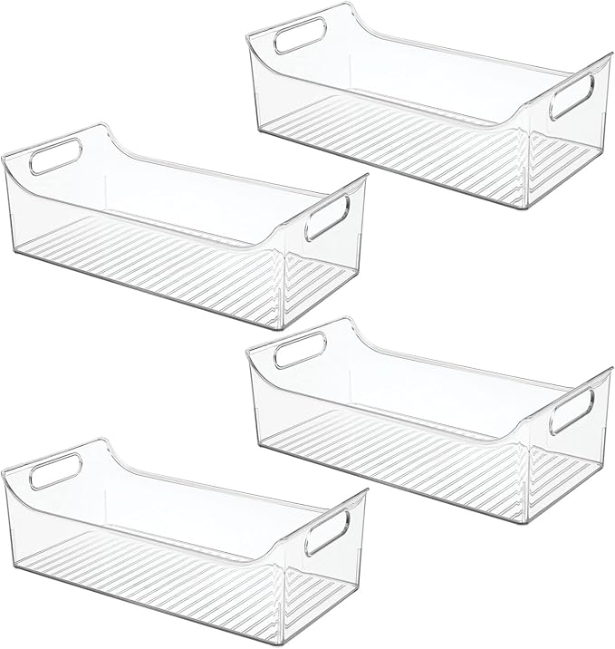 mDesign Slim Plastic Kitchen Pantry Cabinet, Fridge or Freezer Storage Bin with Handles - Organizer Containers for Fruit, Yogurt, Snacks, Pasta - 16" Long - Ligne Collection - 4 Pack - Clear