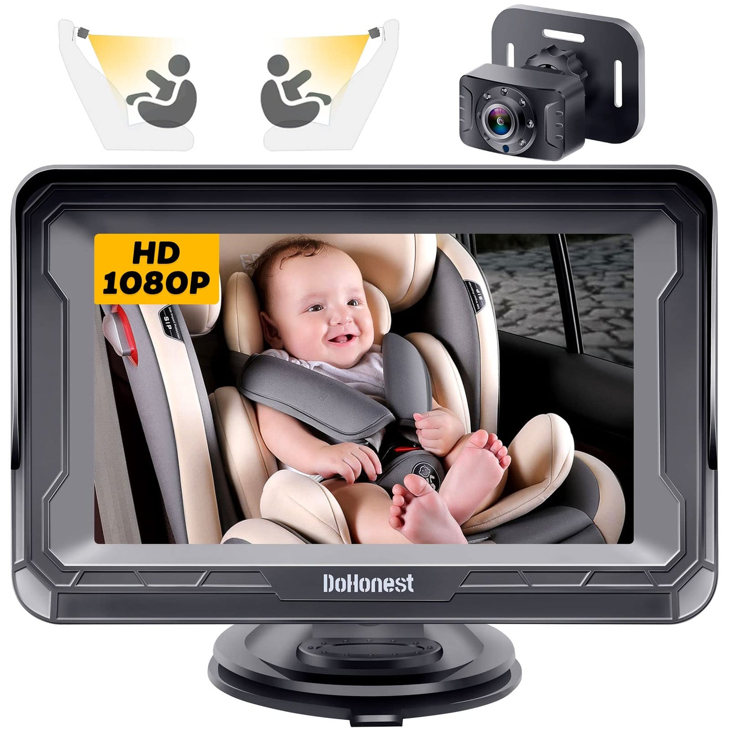 DoHonest Baby Car Camera HD 1080P - Rear-Facing Car Baby Monitor with Night Vision, Adjustable View Angle, Easy Setup, Anti-Glare Display, Safety for Kids & Infants -Like New