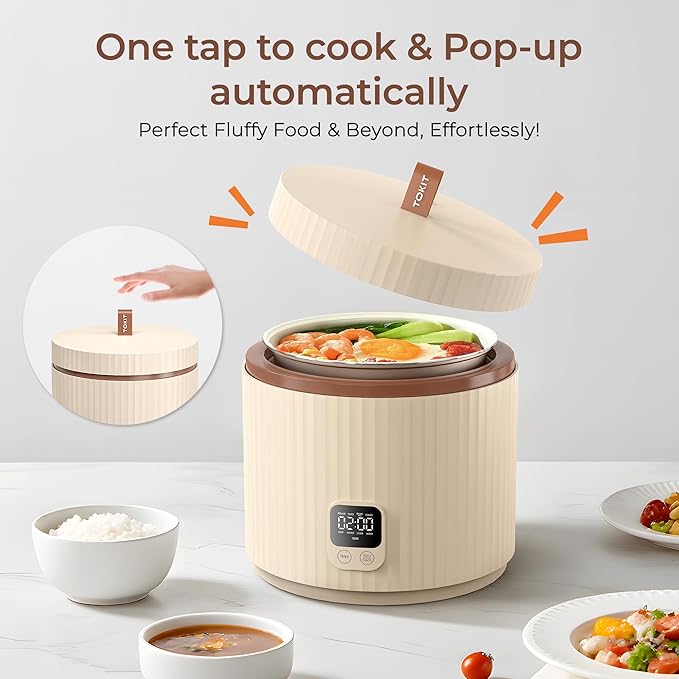 TOKIT Rice Cooker Small 3 Cup Uncooked /6 Cup Cooked, Modern Multifunctional Mini Rice Cooker with Display Touch Button for 1-3 People Ceramic Coated Non-Stick Pot 8 Cook Functions - Cooking & Warmer