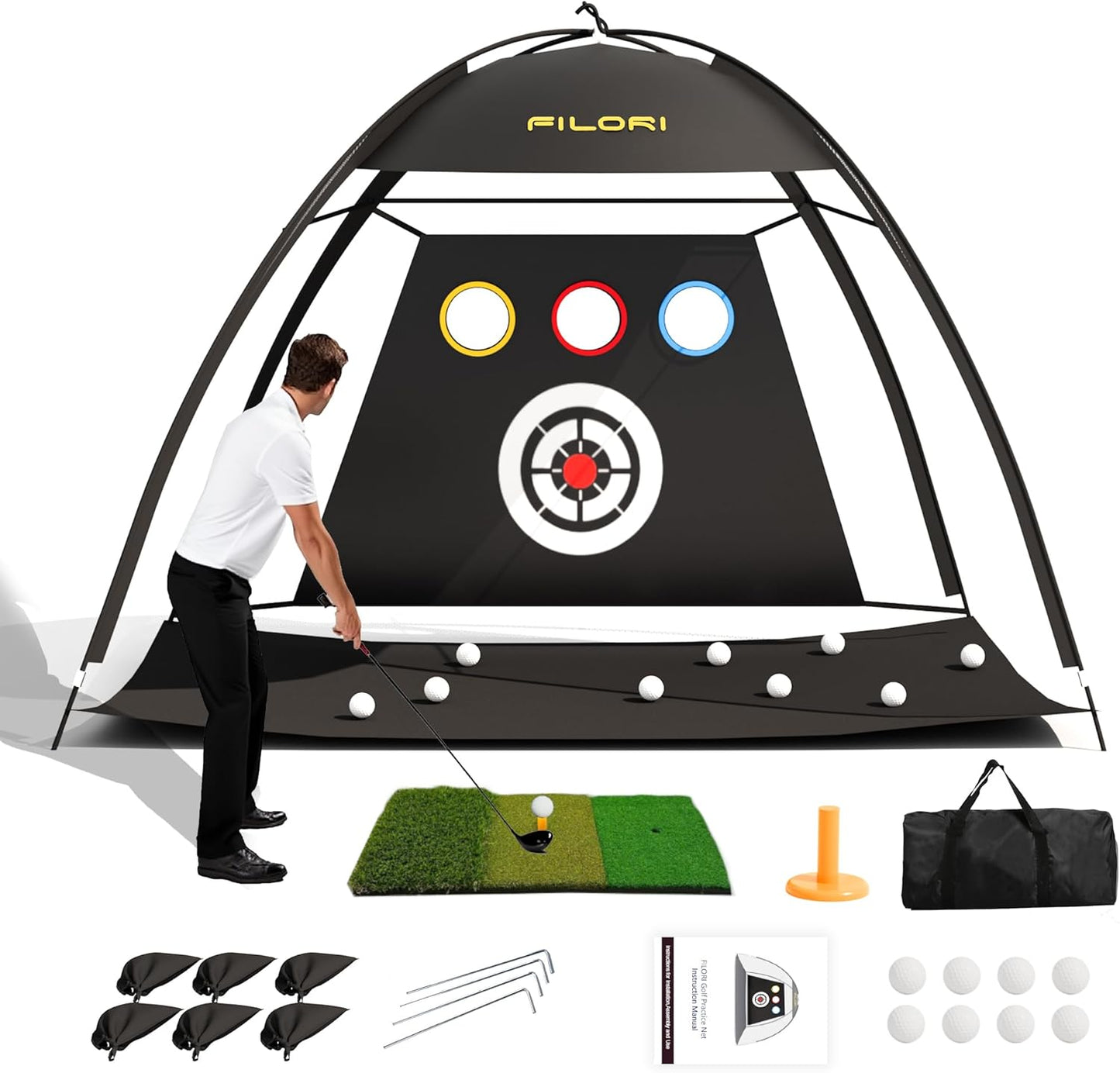 FILORI Golf Practice Net 10x7FT Heavy-Duty Golf Hitting Net with Tri-Turf Mat, 8 Balls, Tee & Carry Bag, Indoor/Outdoor Backyard Training for Driving Chipping Swing, Ideal Gifts for Men Dad Golfer