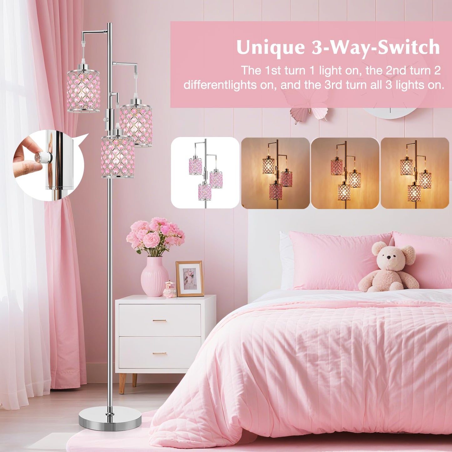 GyroVu Pink Crystal Floor Lamp, 3-Light Metal Standing Lamp, Easy Assemble, Model G-1FL-1769A