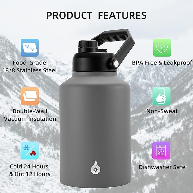 BJPKPK One Gallon(128 oz) Insulated Water Bottle, Dishwasher Safe Stainless Steel Jug, BPA Free Jug with Ergonomic Handle & Anti-slip Bottom, Large Water Bottle, Grey