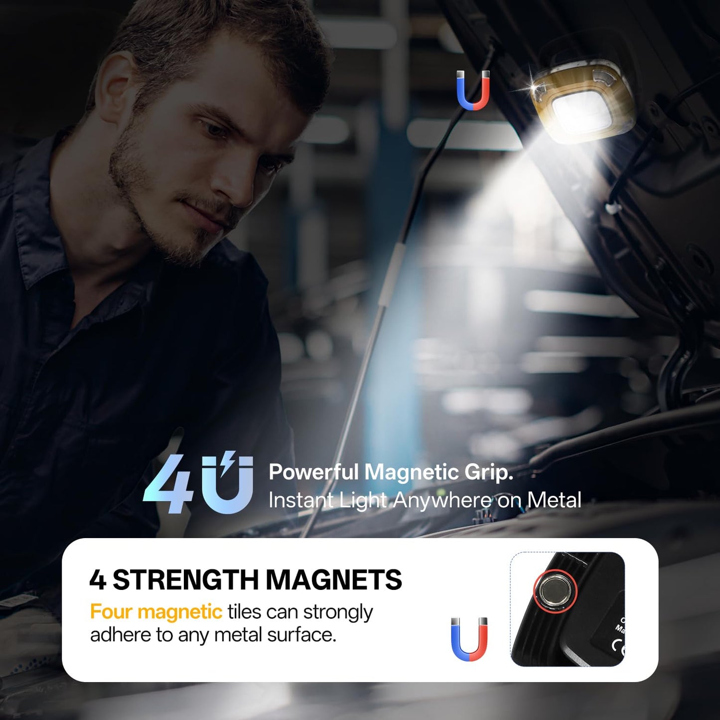 Gabujau Magnetic Work Light, 10,000 mAh Rechargeable LED Portable Lamp, 2,000 Lumen Floodlight, 9 Light Modes with 1/4" Threaded Port for Machinist Auto Underhood Outdoor Camping