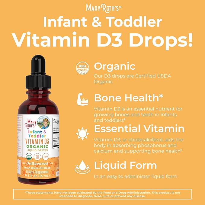 MaryRuth Organics Infant Precision Probiotics Colic & Vitamin D3 Drops | USDA Organic, Clean Label Project Verified® | Vitamins for Immune Support & Overall Wellness | Vegan, Non-GMO, Gluten Free