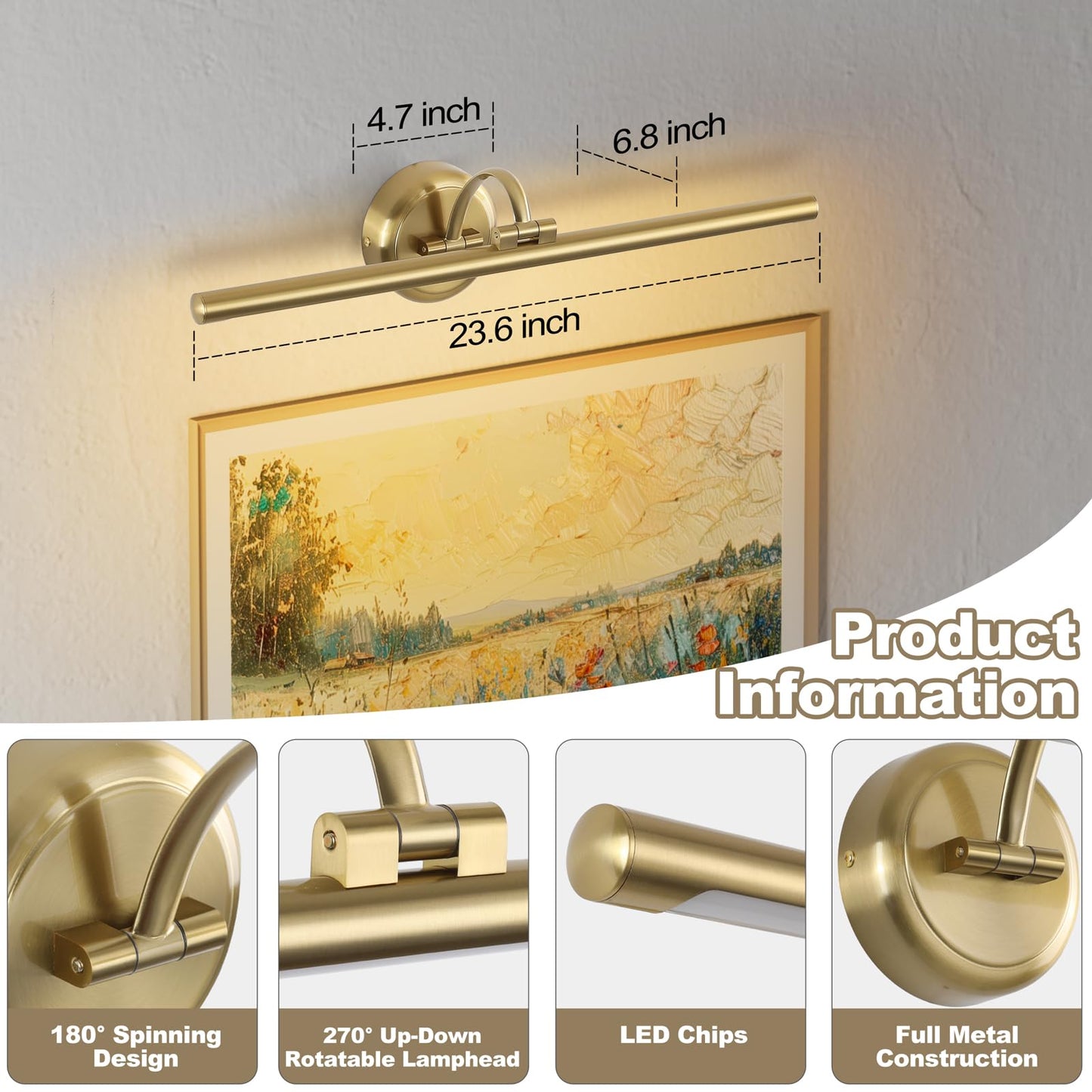 Hard-Wired Picture Lights 23.62 Inch Dimmable Led Wall Art Lighting Modern Brass Gallery Light Poster Lights Adjustable Swing Arm Picture Frame Light For Display Art Work 14W 2700K  Warm White