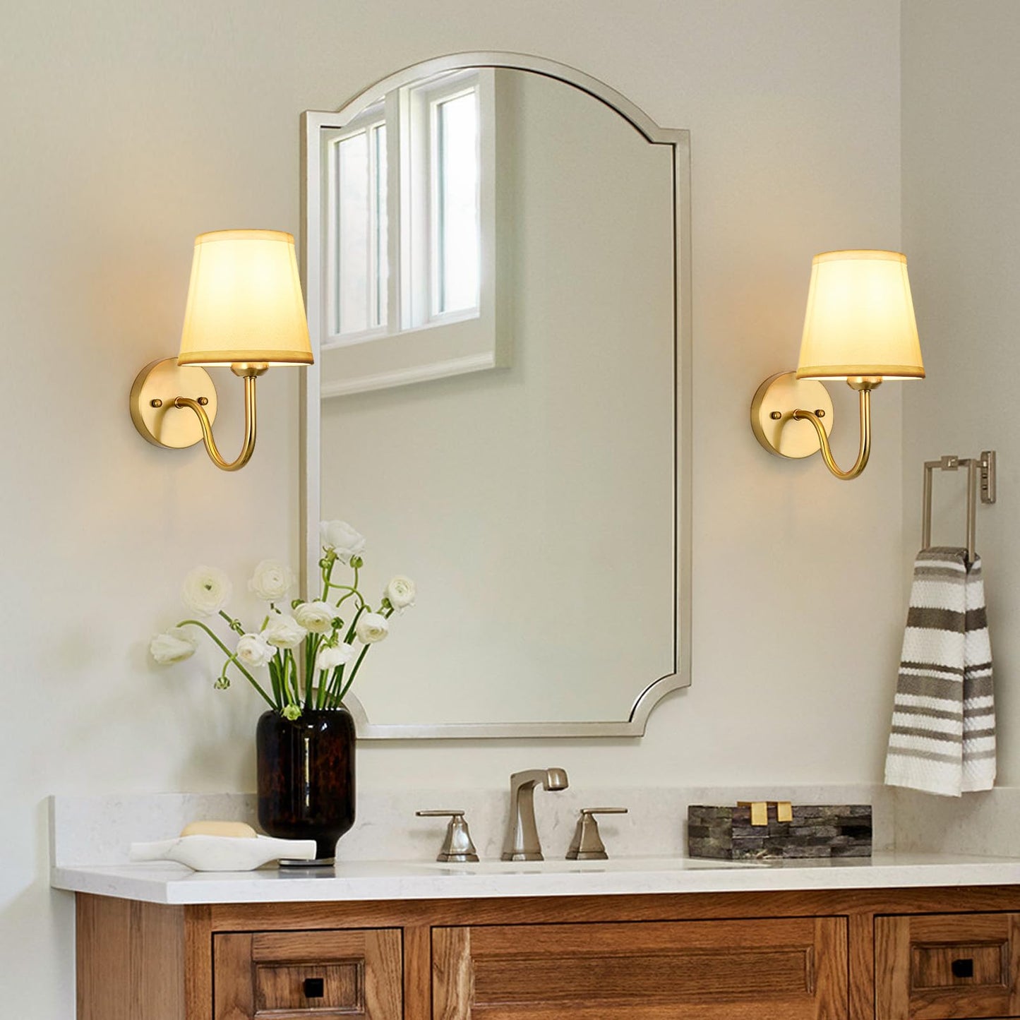 Smeike Wall Sconce Set Of 2  Gold Bathroom Vanity Sconces Wall Lighting  Indoor Wall Lights With Light Beige Fabric Shades  Wall Mounted Lamps For Bedroom Living Room Hallway
