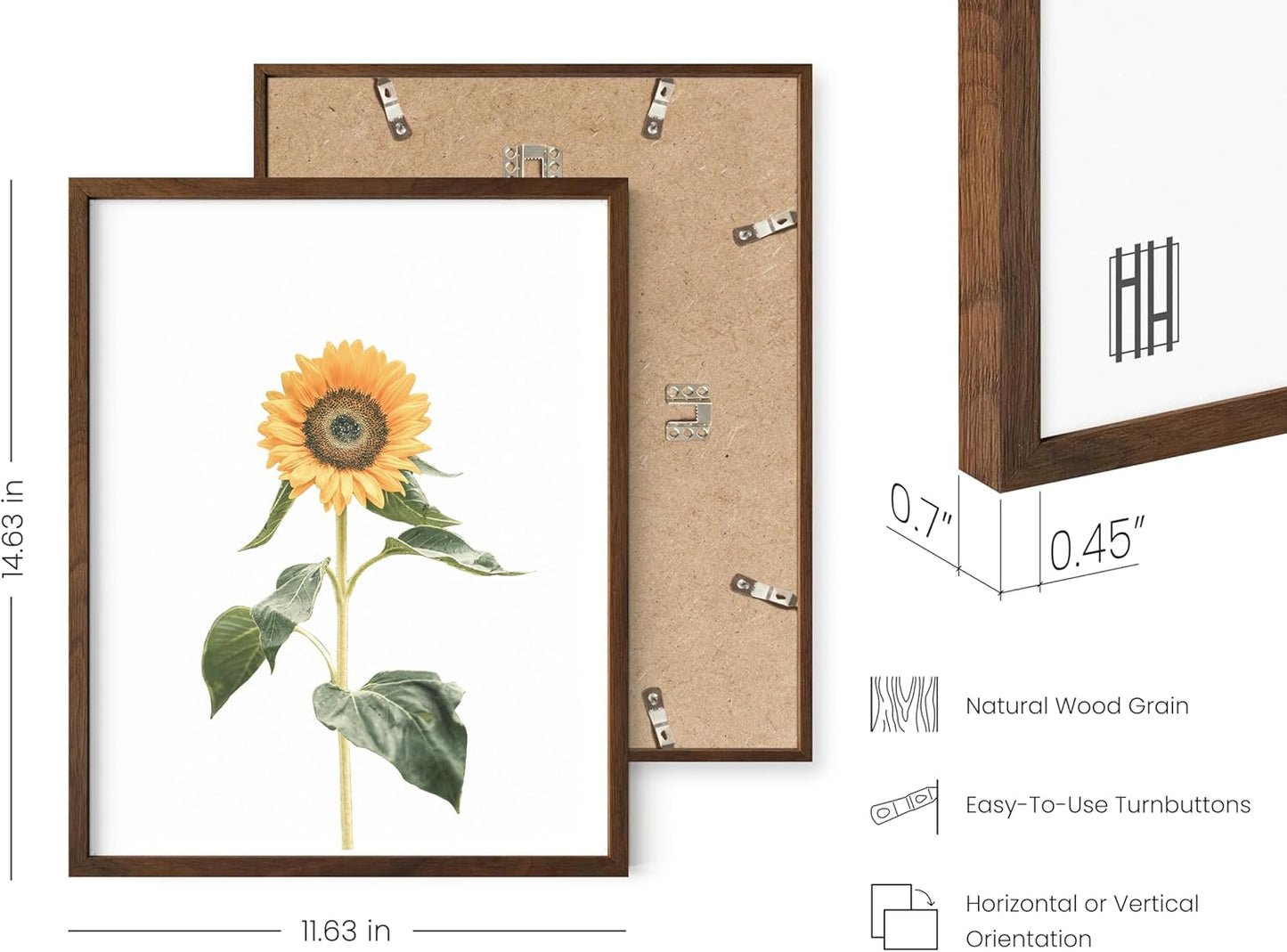 HAUS AND HUES Sunflower Wall Decor - Set of 4 Framed Sunflower Art Prints, Yellow Wall Art for Kitchen or Bedroom, Vintage Flower Paintings (Walnut Frame, 11x14)