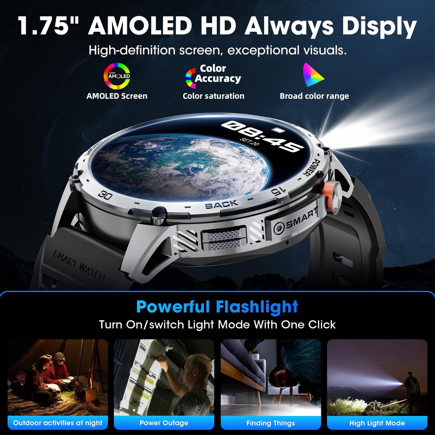 Military Smart Watch for Men 1.75" HD AMOLED Display 730mAh Battery Smart Watches with LED Flashlight for Android iOS（Bluetooth Call Answer/Dial Calls） Fitness Tracker with Heart Rate