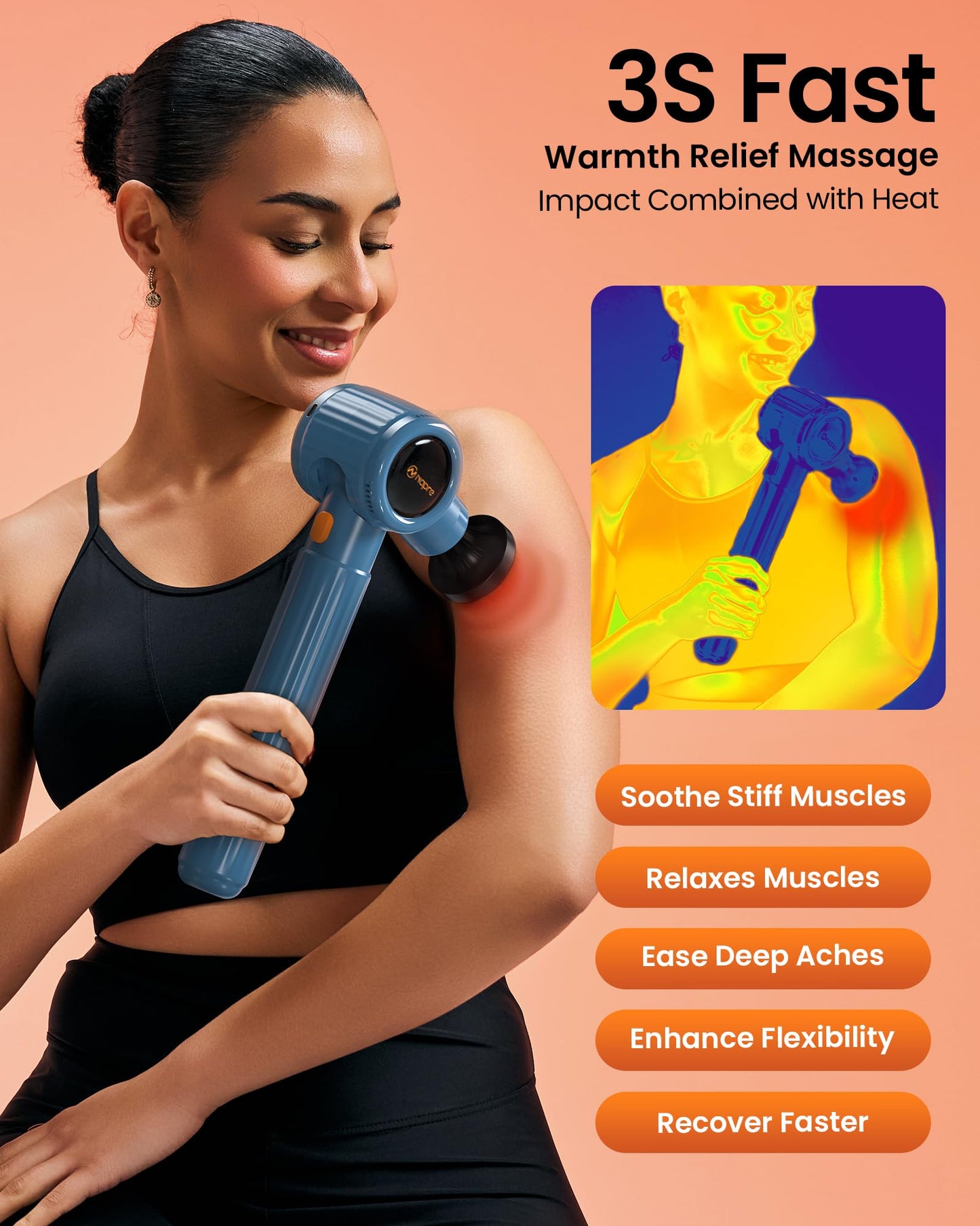 NAPRE Massage Gun with Heat,Massage Gun Deep Tissue with Extension Handle & 3 Adjustable Angles,Handheld Percussion Back Massager for Muscle/Neck/Body Pain Relief with Portable Case,Blue