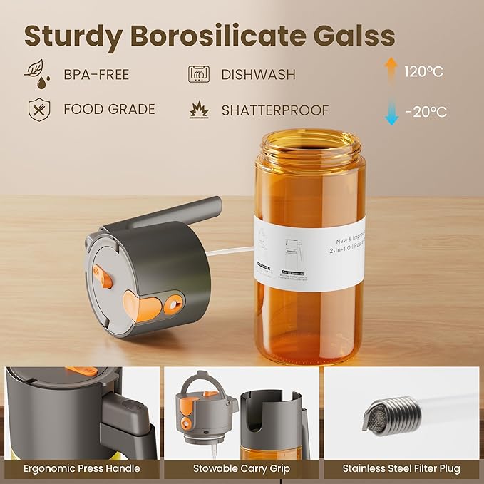 Upgrade 2 in 1 Oil Sprayer for Cooking, Olive Oil Dispenser Bottle for Kitchen Gadgets with Stickers, 17oz/500ml Food Grade Light-Blocking Glass Spray Bottle for Salad, Air Fryer, BBQ