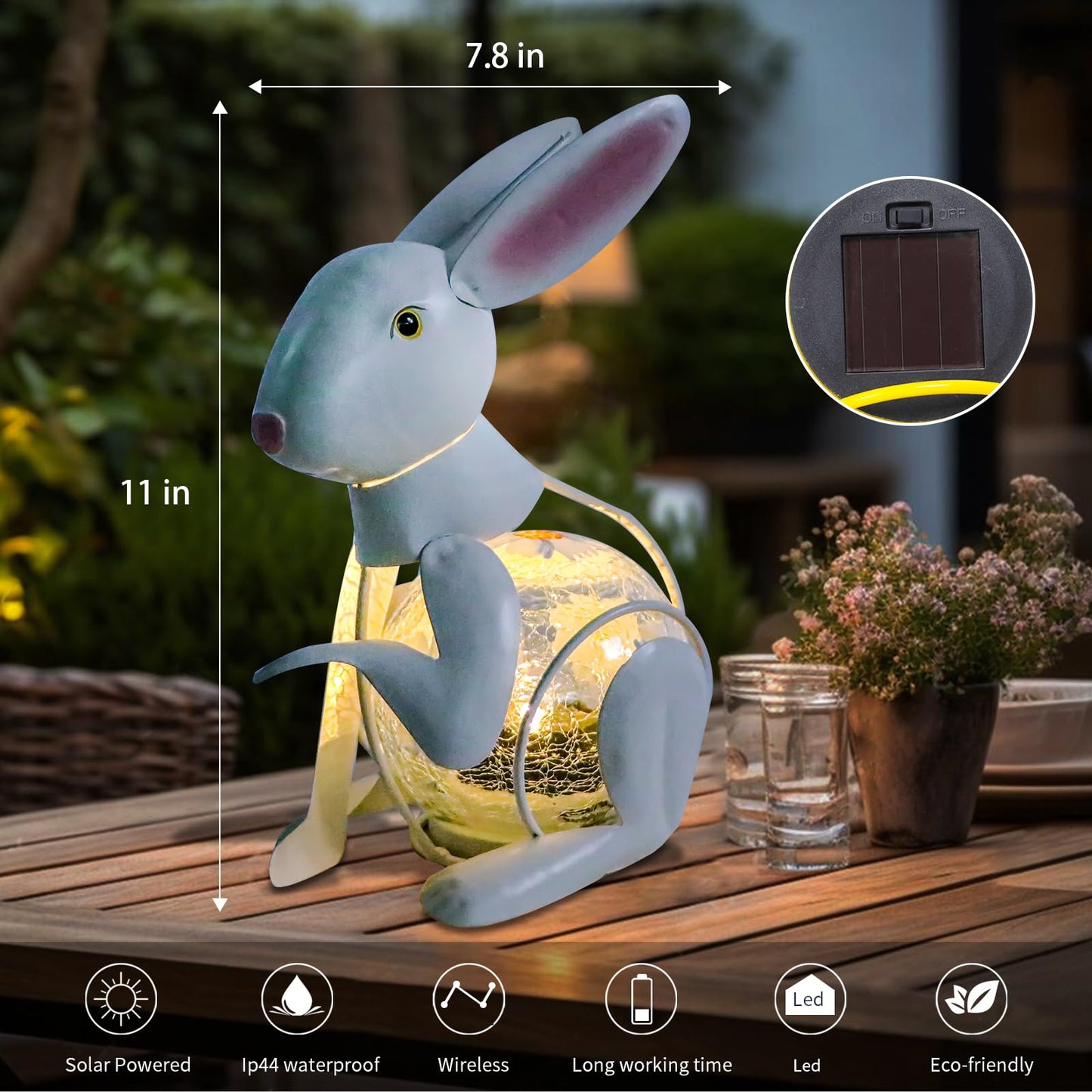 MUMTOP Solar Lantern - Waterproof White Metal Rabbit Decorative Light,  ed Glass, Tabletop Lantern for Yard Patio Garden