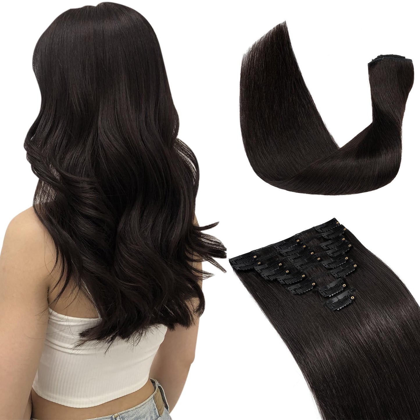 Hairro 100% Real Human Hair Clip in Hair Extensions 12 Inch Short #1B Natural Black 55g Thin 8 Piecs 18 Clips Straight Clip on H