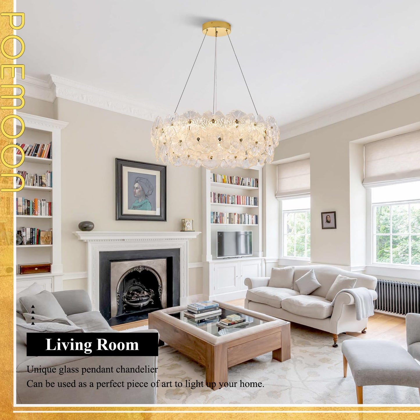 Poemoon 30in Luxury Glass LED Chandelier, Gold-Lotus, Dimmable 3000-6500K, Model P56-800G1, Modern Design for High Ceil