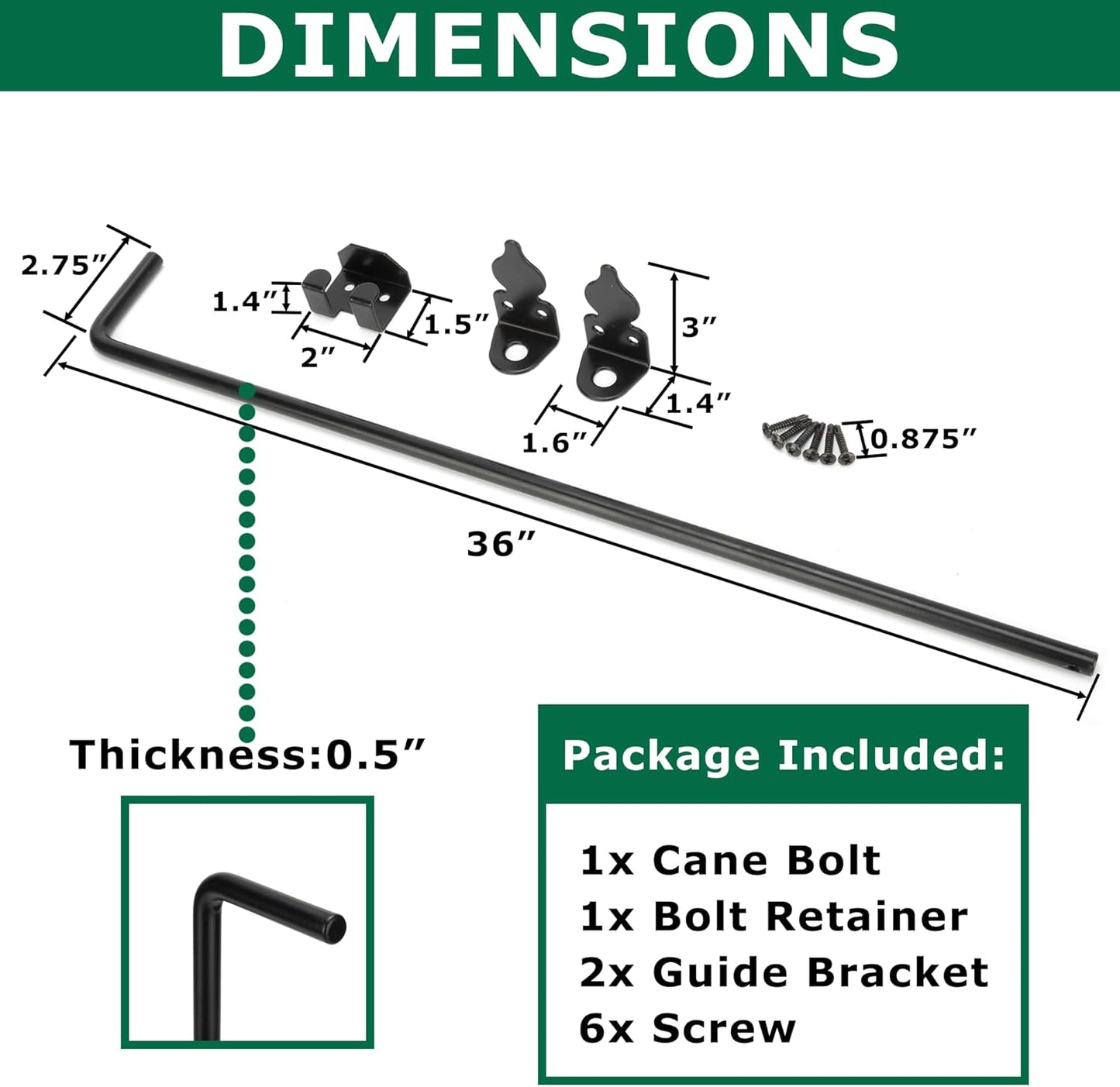 36" Heavy Duty Cane Bolt Gate Drop Rod for Vinyl Gate Latch, Cane Bolts for Gates for Wood PVC Vinyl Metal Fences Gates-1 Pack