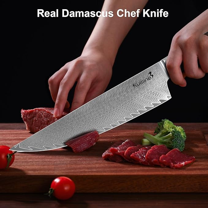 KUISINE Premium Damascus Chef Knife Non-slip Wooden Handle Razor sharp Blade Luxuy Gift for Holidays(Silver Pro, 8inch)
