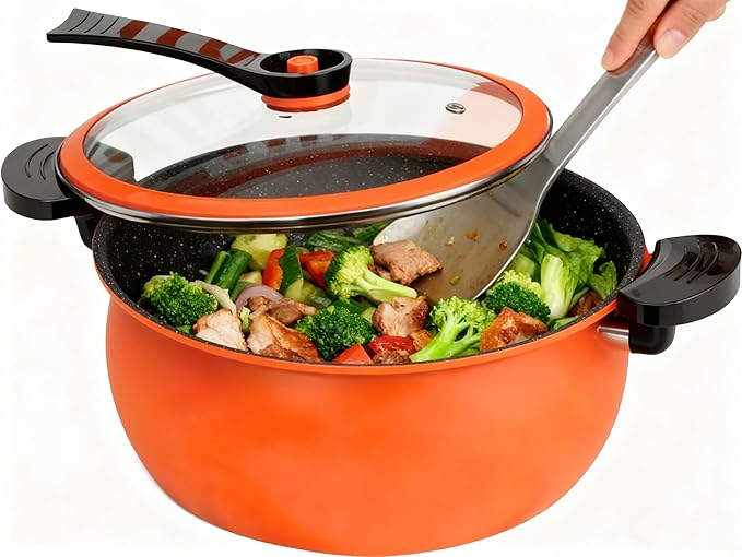 Micro Pressure Cooker, Multifunctional Large Capacity Non-stick Pressure Cooker, 8QT, Non-Stick Surface, Visual Glass Lid, Safety Valve, for All Stovetops (Orange)