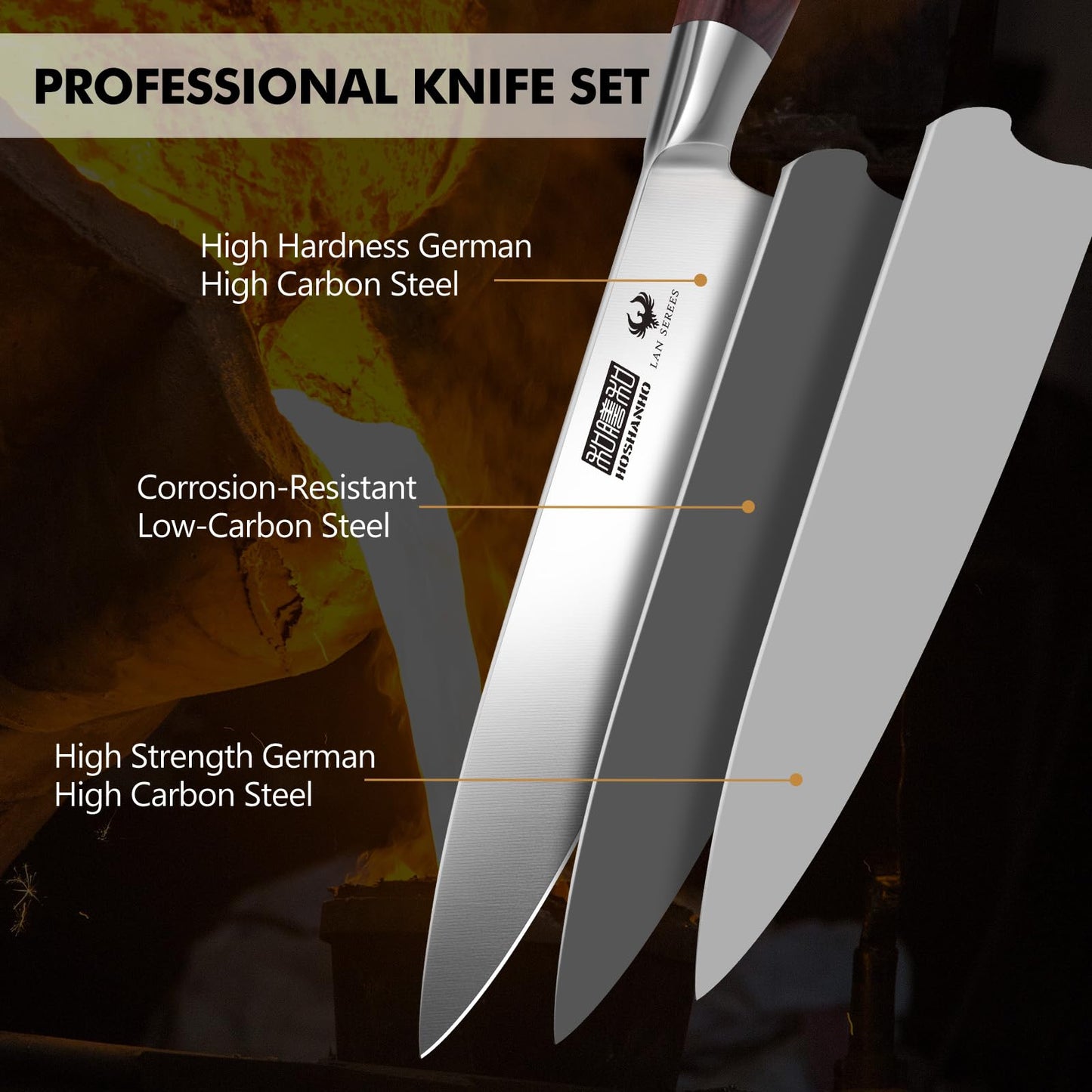 HOSHANHO 7-Piece Knife Set with Block - High-Carbon Stainless Steel Kitchen Knife, Ultra Sharp Professional Chef Knives with Sharpener