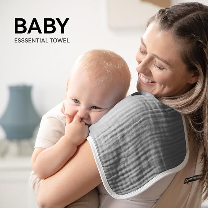 Synrroe Burp Cloths Large, Muslin Burp Cloths for Baby Girls and Boys, Pack of 4 Extra Absorbent and Soft Muslin, 6 Layers 20 by 10 Inches 100% Cotton (Grey-White 4 Pack)