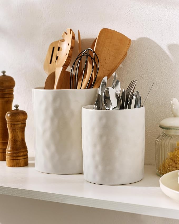 famiware Ocean Utensil Holder, 7.2"+5.8" Ceramic Kitchen Utensil Holder for Countertop, Cooking Utensil Crocks, Utensil Organizer for Spatula & Spoon, Kitchen Decor, Set of 2, Matte White