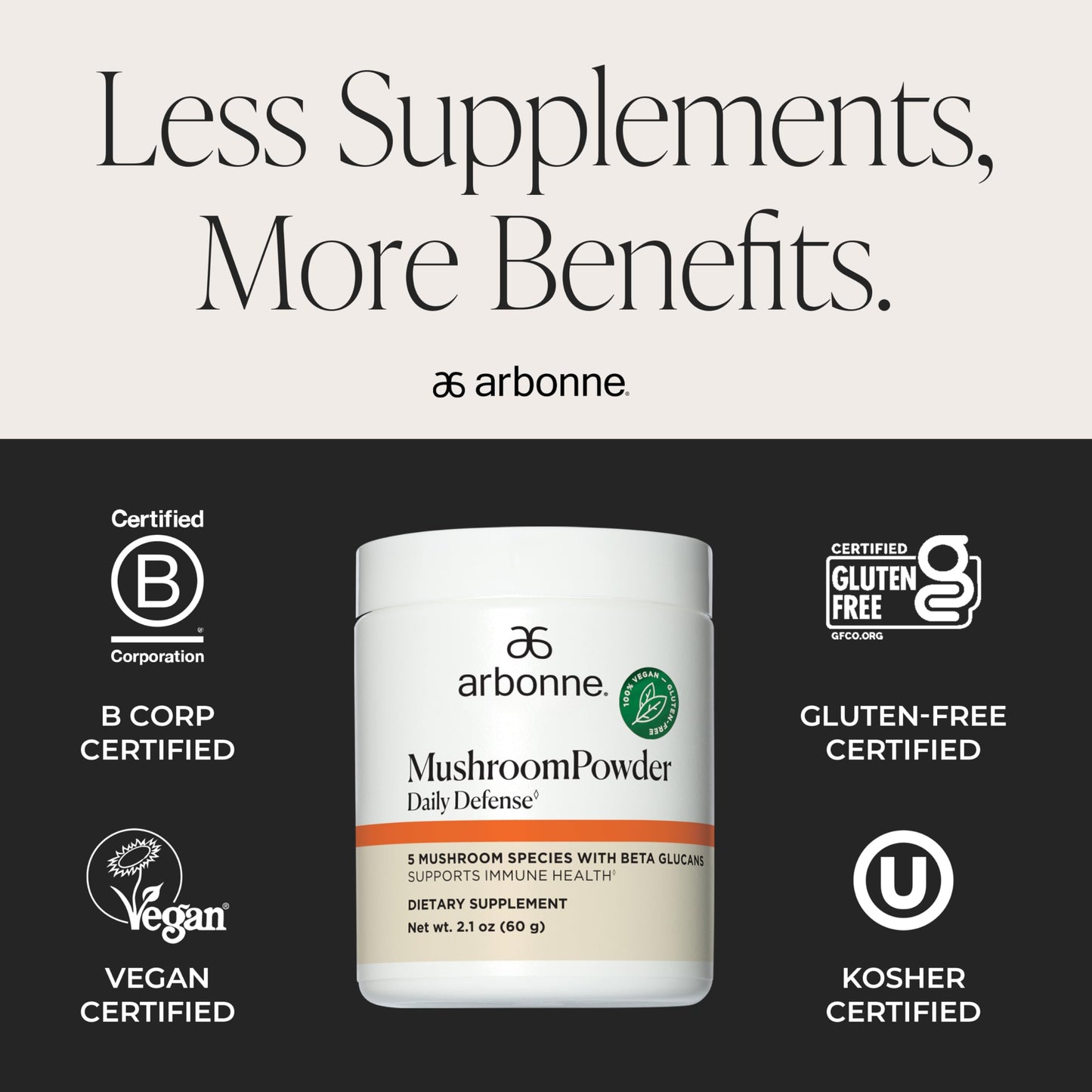 Arbonne Mushroom Powder Daily Defense - Daily Mushroom Supplement Powder Superblend That Supports Immune and Cognitive Health, 100% Organic Mushrooms, 2.1 oz