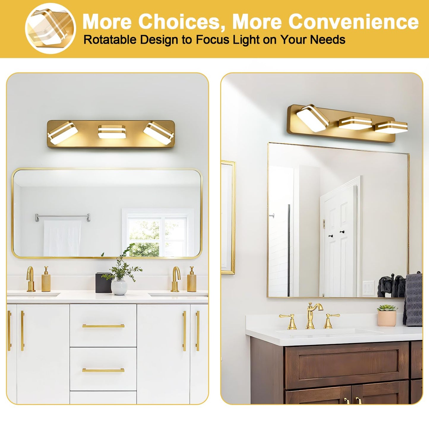 1300Lm Led Modern Bathroom Vanity Light Fixtures  360?Rotate Acrylic Gold Vanity Lights For Bathroom  Modern Wall Lighting Fixtures Over Mirror Kitchen Living Room (Natural White Light 5000K)